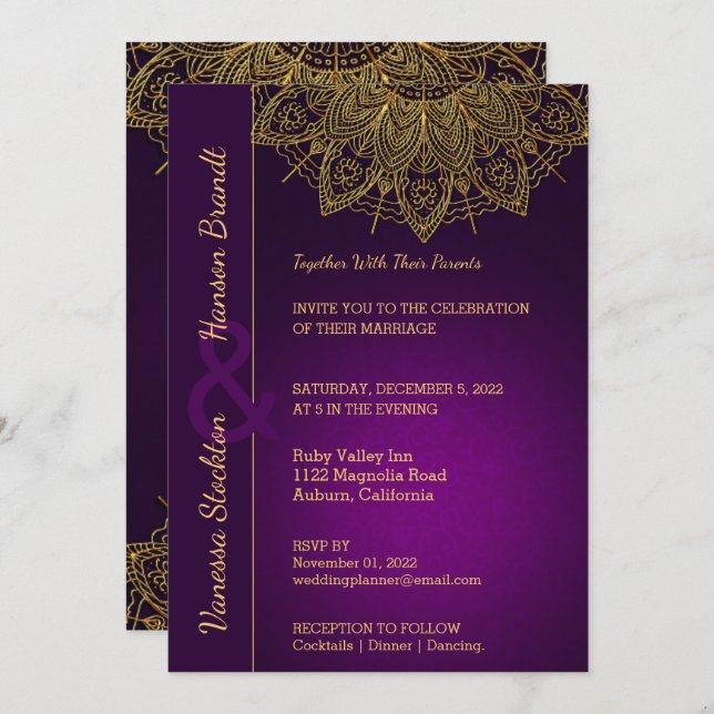 Bröllopsinbjudan till contemporary Guld Mandala Inbjudningar (Fram/baksida)