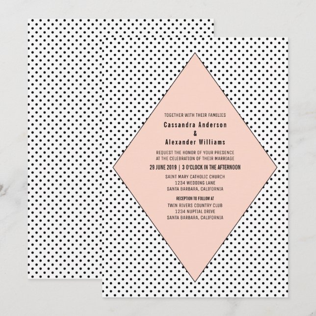 Bröllopsinbjudan till Coral Modern Polka dots Inbjudningar (Fram/baksida)