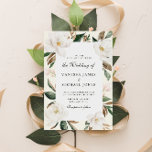 bröllopsinbjudan till den moderna blommigten Magno Inbjudningar<br><div class="desc">Den här designen har en Blommigt ram med magnolia blomning och text i mitten. Den blå baksidan i flottan kompletterar vattenfärgen blommor och gröntens bladverk väl. Texten och färg kan ändras.</div>