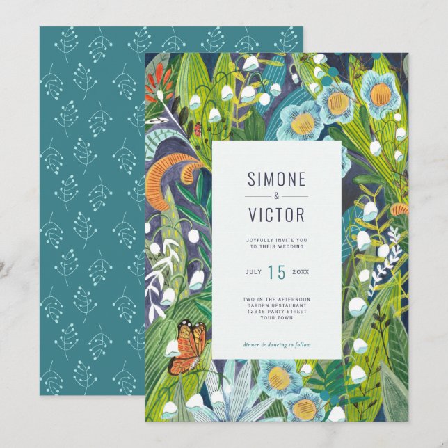 Bröllopsinbjudan till den moderna Blommigten Teal  Inbjudningar (Fram/baksida)