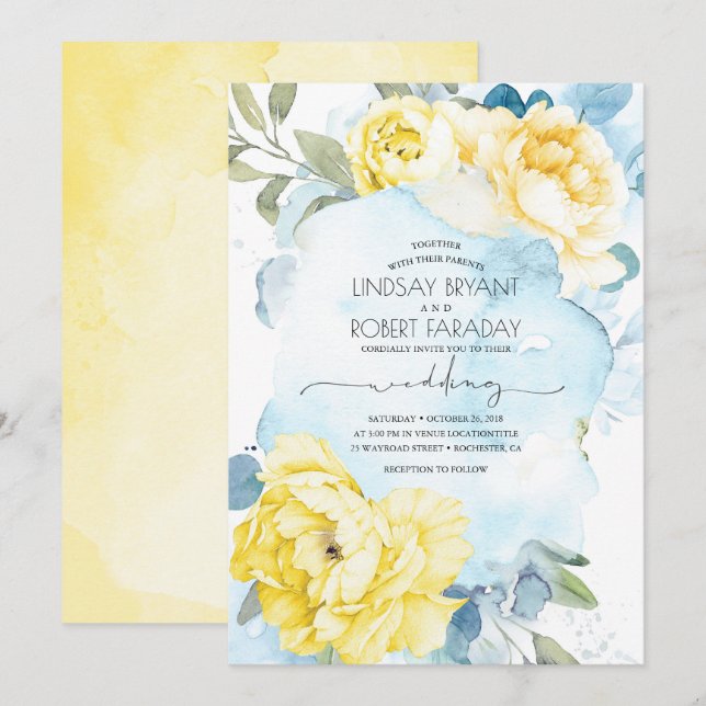 Bröllopsinbjudan till Dusty Blue- och Gult Blommig Inbjudningar (Fram/baksida)