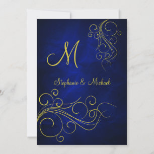 Bröllopsinbjudan till elegant Blue Guld Monogram W Inbjudningar