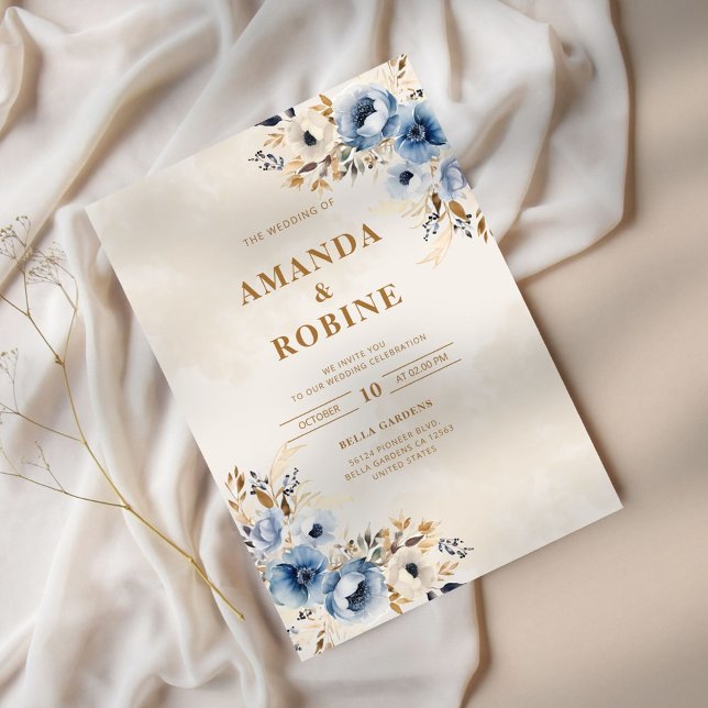 Bröllopsinbjudan till elegant Blue- och Brown Blom Inbjudningar (Skapare uppladdad)