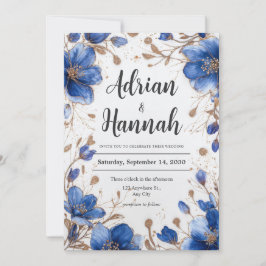 Bröllopsinbjudan till elegant Blue och Guld Blommi Inbjudningar