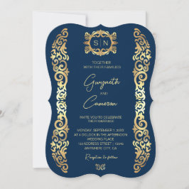 Bröllopsinbjudan till elegant Blue och guld Ram