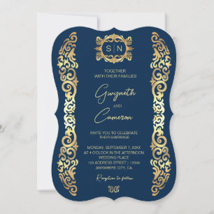 Bröllopsinbjudan till elegant Blue och guld Ram