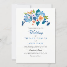 Bröllopsinbjudan till elegant Blue & Peach Blommig