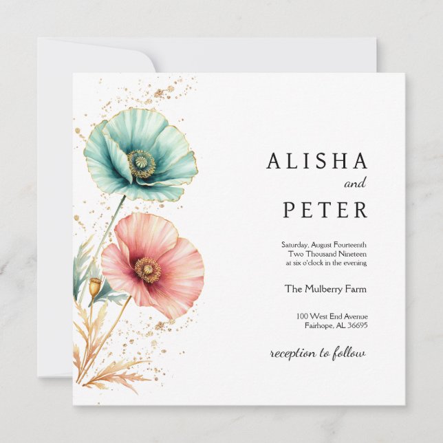 Bröllopsinbjudan till elegant Blue & Rosa Watercol Inbjudningar (Framsida)