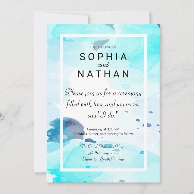 Bröllopsinbjudan till elegant Blue Watercolor Wedd Inbjudningar (Framsida)