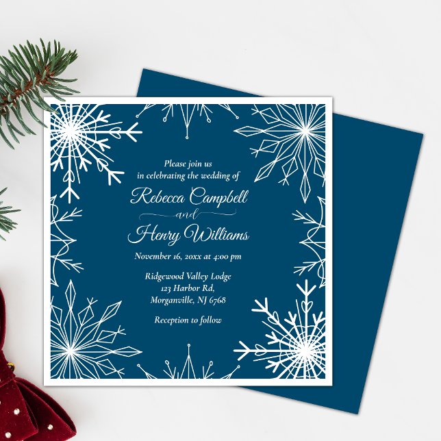 Bröllopsinbjudan till elegant Blue Winter Snöfling Inbjudningar (Celebrate love with our elegant winter wedding invitation, spreading joy to all invited.)