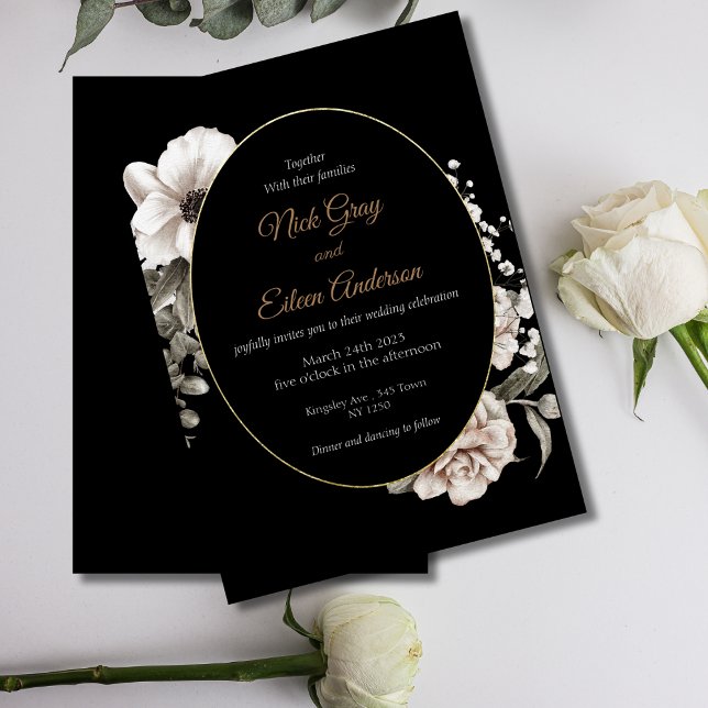 Bröllopsinbjudan till elegant Gothic Vit ros Black Inbjudningar (Elegant Watercolor Winter Wedding Invite)
