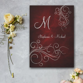 Bröllopsinbjudan till elegant Red Silver Monogram  Inbjudningar