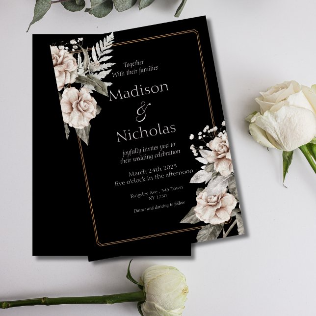 Bröllopsinbjudan till elegant Vit ros Black Weddin Inbjudningar (Elegant Black Floral Wedding Invite)