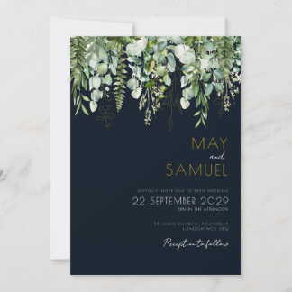 Bröllopsinbjudan till Eucalyptus Greenery & Navy W Inbjudningar
