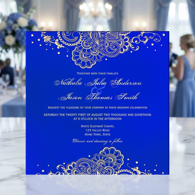 Bröllopsinbjudan till flottan och Royalet Blue Hen Inbjudningar (Elegant navy and royal blue wedding invitation featuring a gold styled henna inspired design)