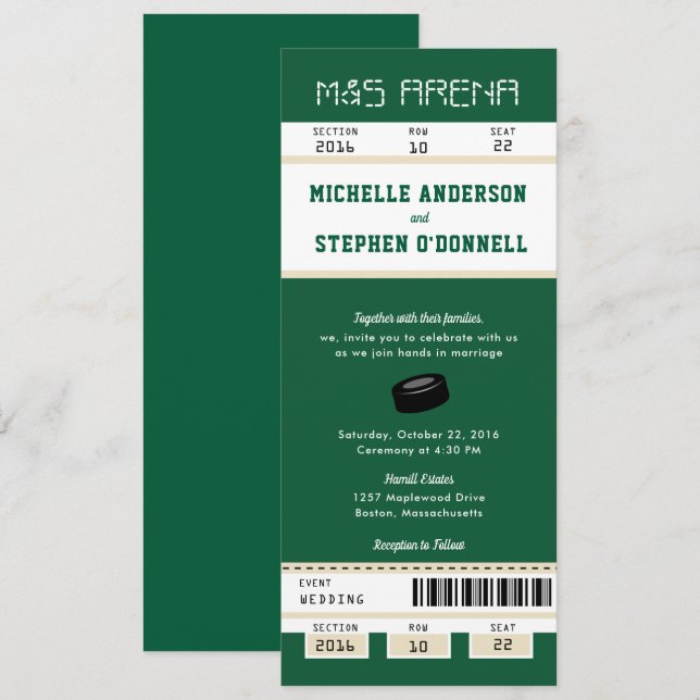 Bröllopsinbjudan till Forest Grönt Hockey Biljett Inbjudningar (Fram/baksida)