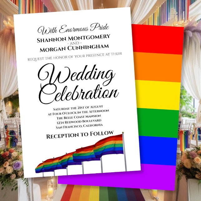 Bröllopsinbjudan till gay pride - Svart text Inbjudningar (Front/Back)