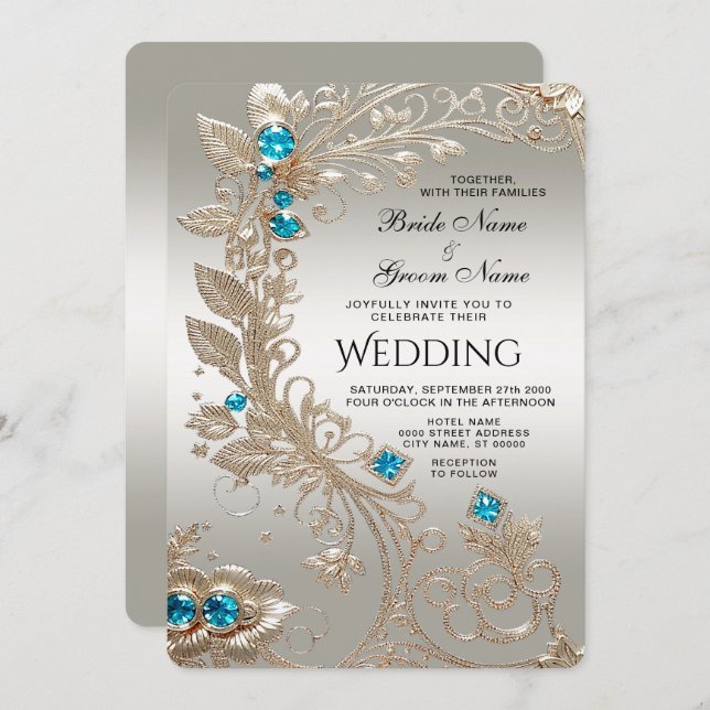 Bröllopsinbjudan till Guld Blue Stones Wedding Inbjudningar (Fram/baksida)