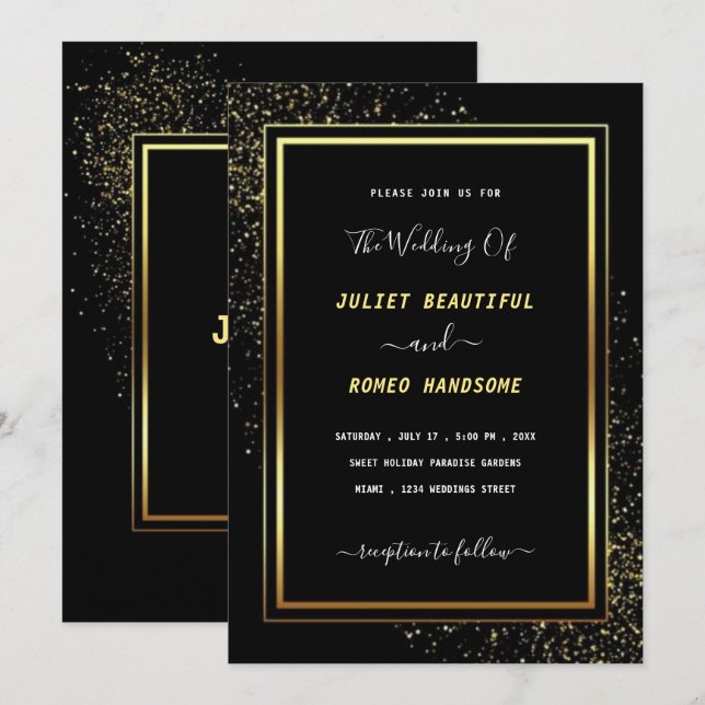 Bröllopsinbjudan till Guld - Inbjudan-lyxkort (Fram/baksida)