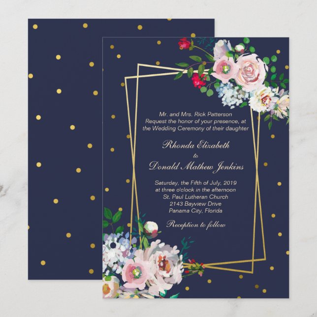 Bröllopsinbjudan till guld-konfetti och blommor inbjudningar (Fram/baksida)