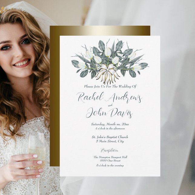 Bröllopsinbjudan till guld med vita tulpaner inbjudningar (Gold Wedding Invitation with White Tulips )