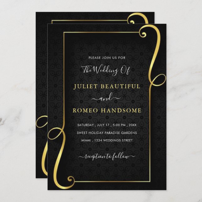 Bröllopsinbjudan till Guld Ram lyxguld, svart bröl (Fram/baksida)
