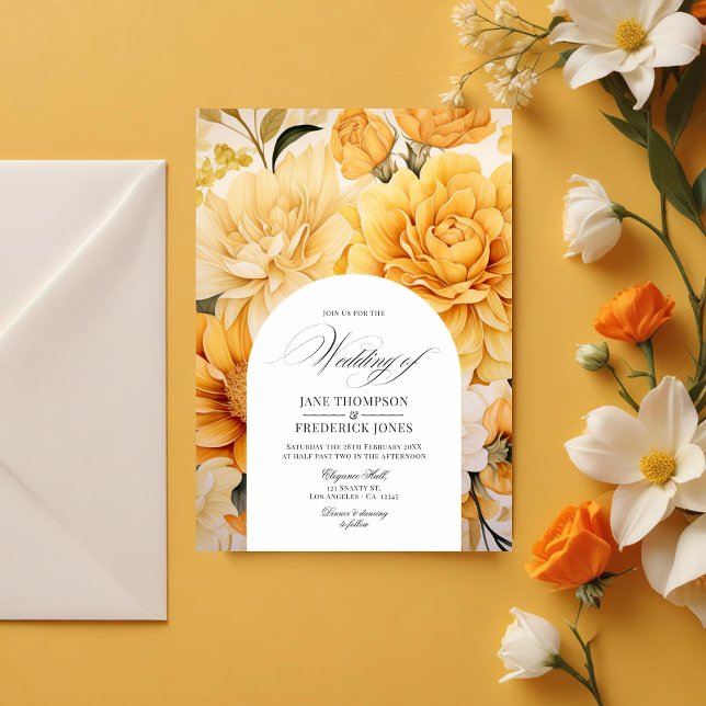 Bröllopsinbjudan till gult, Orange och Blommigt i  Inbjudningar (Yellow, Orange and Ivory Floral Wedding Invitation)