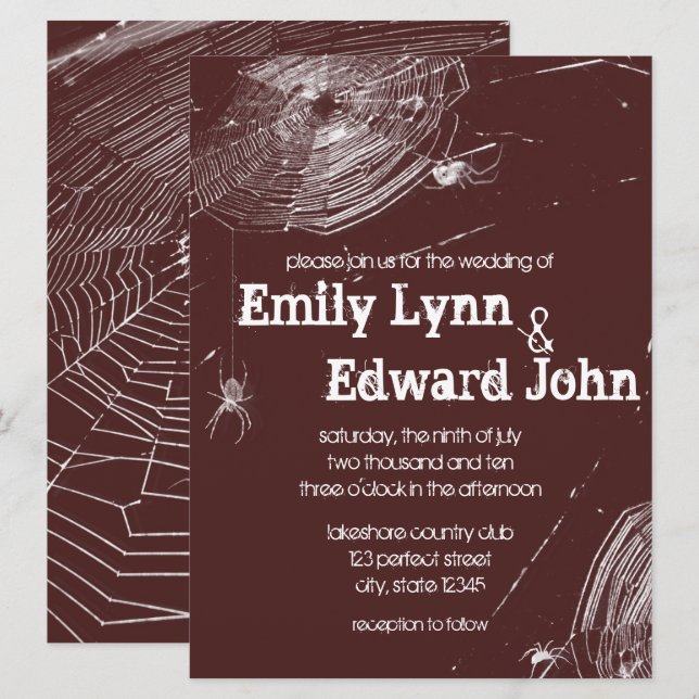 Bröllopsinbjudan till kamobwebb och White Spiders Inbjudningar (Fram/baksida)