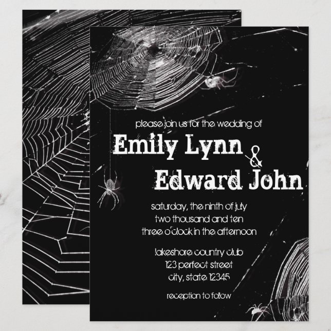 Bröllopsinbjudan till kamobwebb och White Spiders Inbjudningar (Fram/baksida)