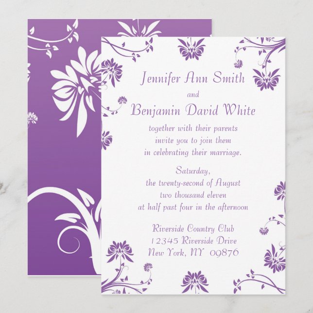 Bröllopsinbjudan till lila Blommigt Inbjudningar (Fram/baksida)