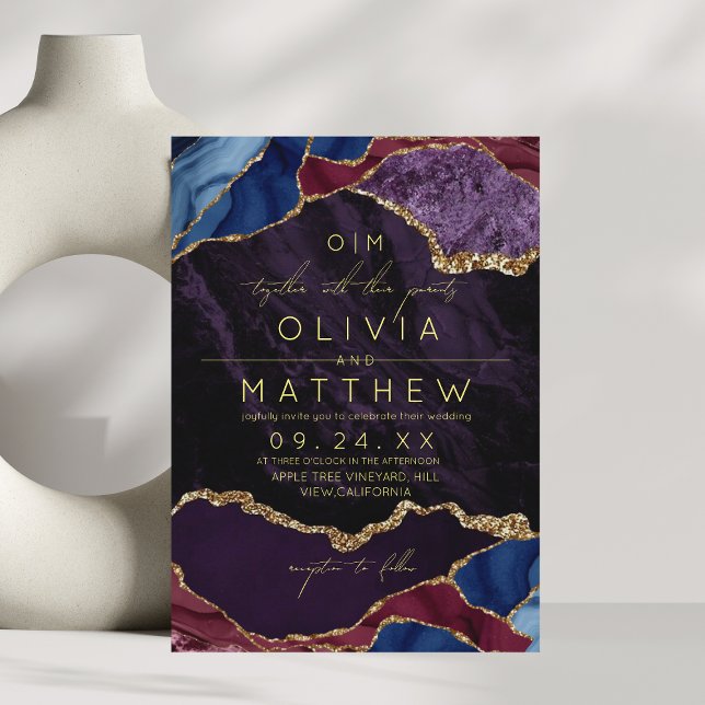 Bröllopsinbjudan till lila, Burgundy & Guld Agate Inbjudningar (Skapare uppladdad)
