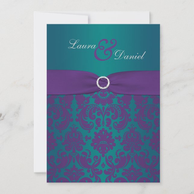 Bröllopsinbjudan till lila- och teal Damask Inbjudningar (Framsida)