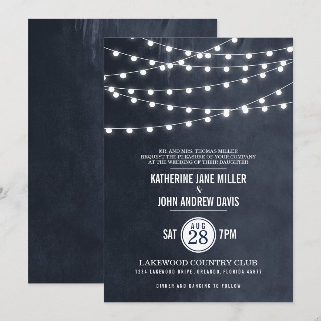 Bröllopsinbjudan till Ljus i Midnight Blue String Inbjudningar (Fram/baksida)