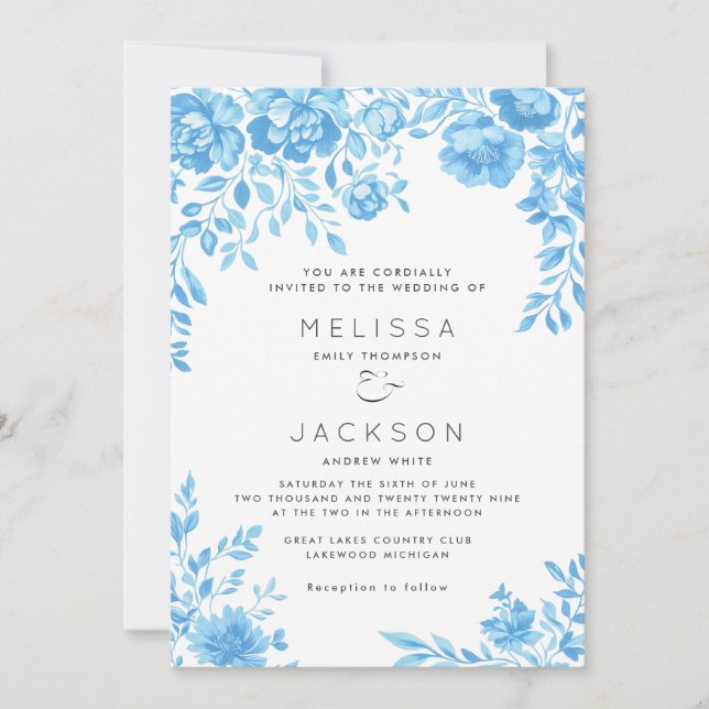 Bröllopsinbjudan till ljusblå Blommigt Gräns Inbjudningar (Framsida)