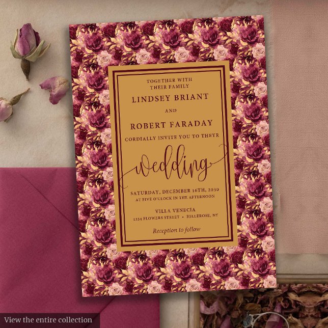 Bröllopsinbjudan till Lux Maroon Guld Inbjudningar (Modern Lux Maroon Gold Flowers Wedding Invitation)