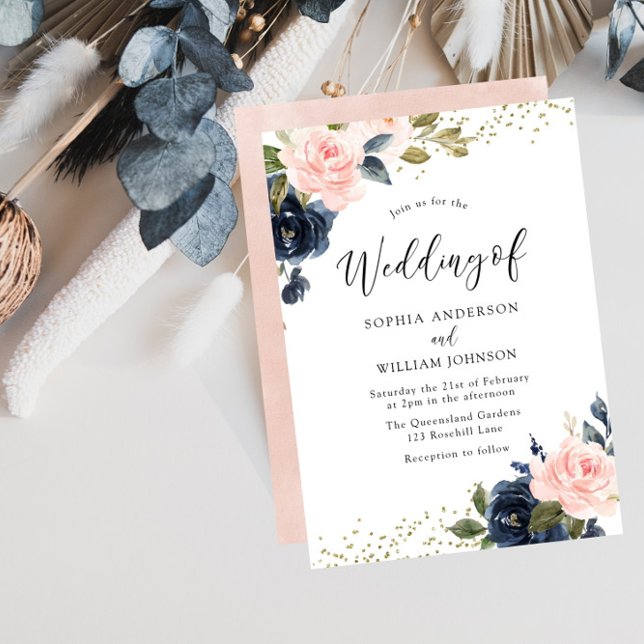 Bröllopsinbjudan till marin och  blommor i Glitter Inbjudningar (Skapare uppladdad)