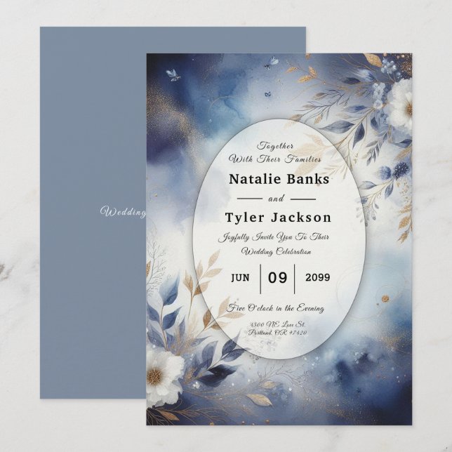 Bröllopsinbjudan till marinblått och Guld Blommigt Inbjudningar (Fram/baksida)