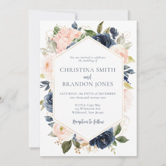 Bröllopsinbjudan till marinblått och  Rosa Blommig Inbjudningar