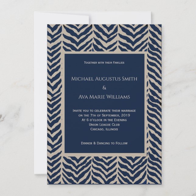 Bröllopsinbjudan till marinen och Taupe Herringbon Inbjudningar (Framsida)