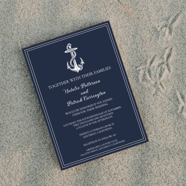Bröllopsinbjudan till marinens blå marinankarplats inbjudningar (Navy Blue Nautical Anchor Wedding Invitation)