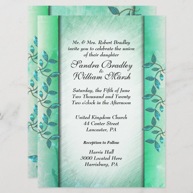 Bröllopsinbjudan till marmor- och vinbröllop Grönt Inbjudningar (Fram/baksida)