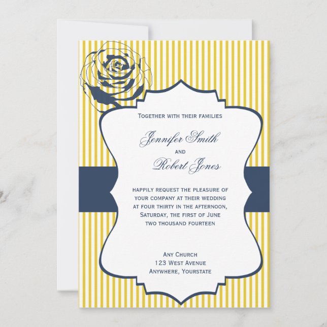 Bröllopsinbjudan till Modern Blue Gult Rand Inbjudningar (Framsida)