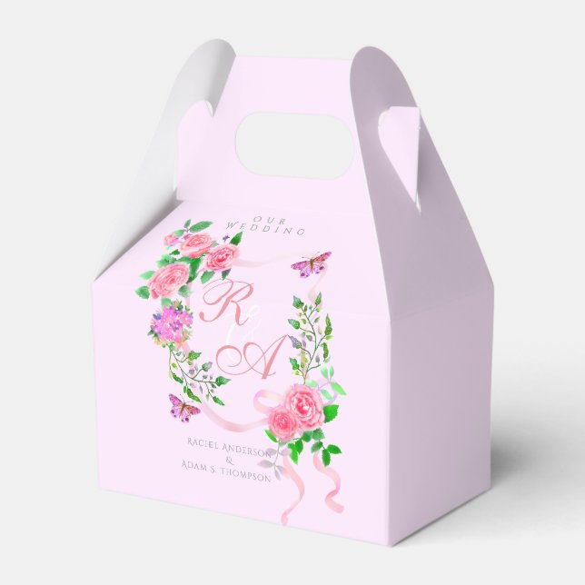 Bröllopsinbjudan till monogram rosa ros presentaskar (Framsidan Sidan)