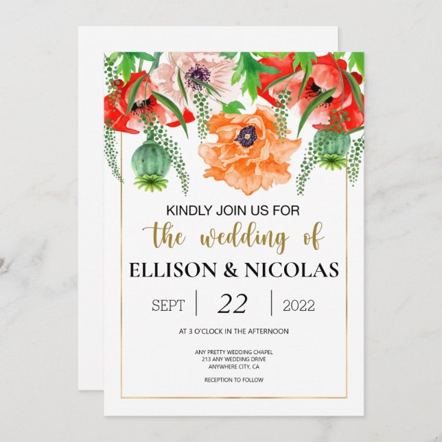 Bröllopsinbjudan till opies Watercolor-bröllop (Fram/baksida)