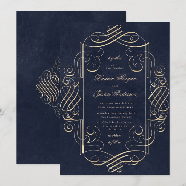 Bröllopsinbjudan till ornament i guld deco-dekrete inbjudningar (Fram/baksida)
