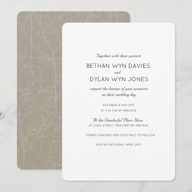 Bröllopsinbjudan till Oyster/Mink "Träd" Inbjudningar (Fram/baksida)