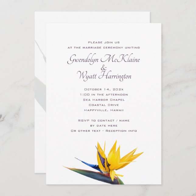 Bröllopsinbjudan till paradisblomman program (Fram/baksida)