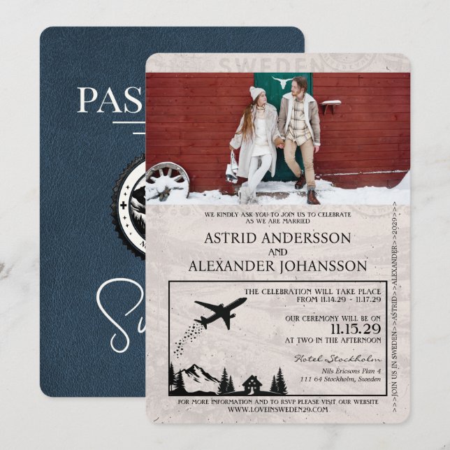Bröllopsinbjudan till pass för marinblått Sverige Inbjudningar (Fram/baksida)