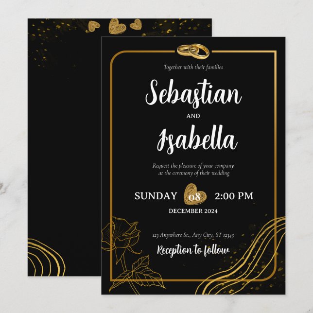 Bröllopsinbjudan till personlig Black & Guld Inbjudningar (Fram/baksida)