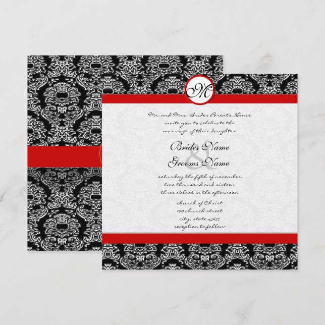 Bröllopsinbjudan till Red and Black Damask Swirls Inbjudningar (Fram/baksida)